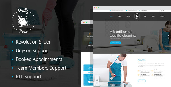 Download Free PrettyPress v1.0 – Cleaning Service WordPress Theme